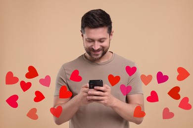 Long distance love. Man chatting with sweetheart via smartphone on dark beige background. Hearts flying out of device and swirling around him