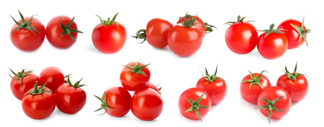 Image of Set of ripe red tomatoes on white background. Banner design
