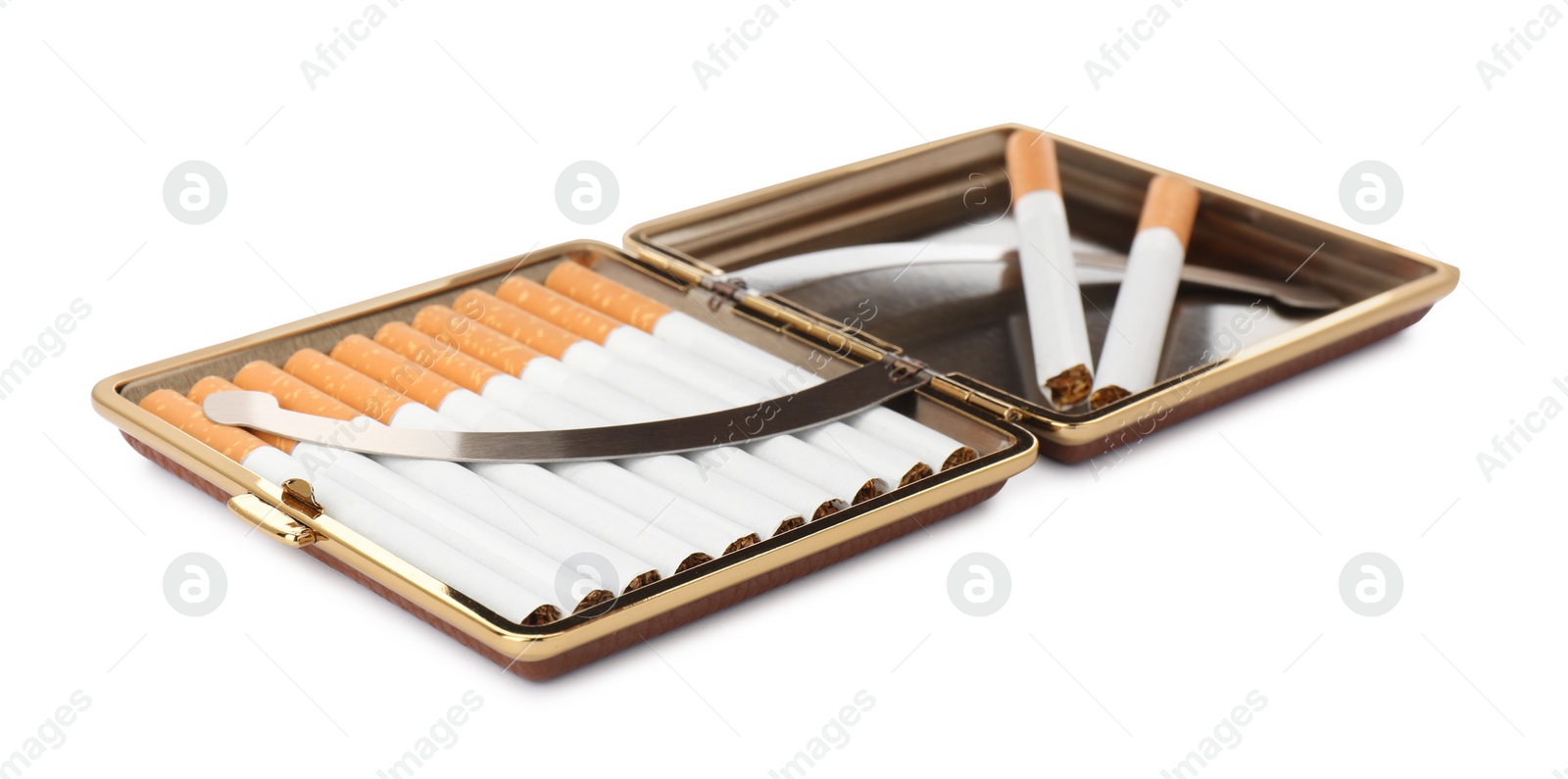 Photo of Stylish case with cigarettes isolated on white