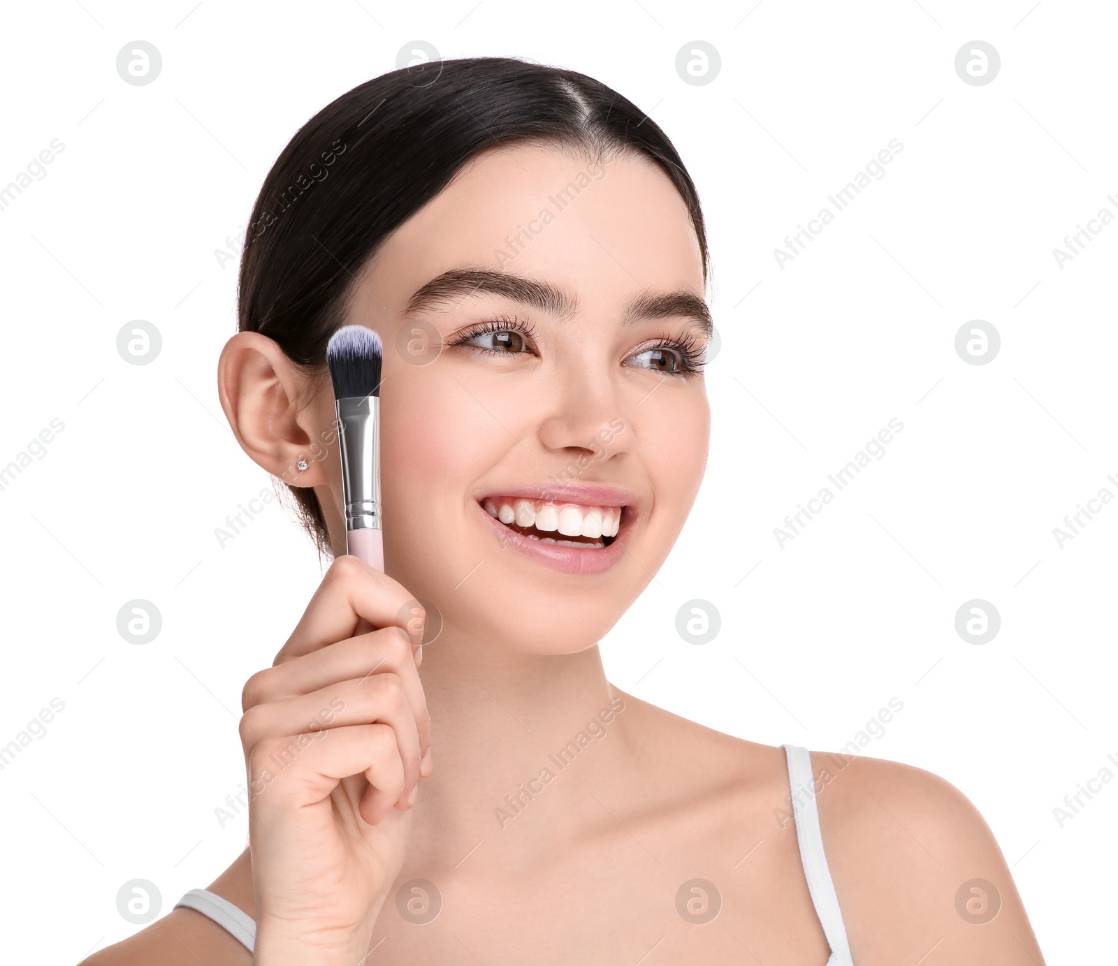 Photo of Teenage girl with makeup brush on white background