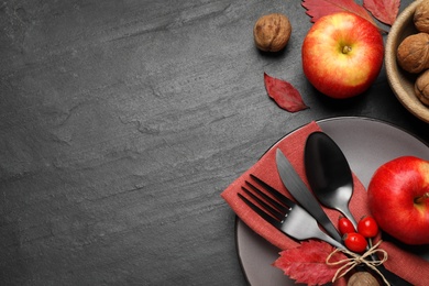 Photo of Festive table setting on black background, flat lay with space for text. Thanksgiving Day celebration