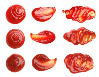 Image of Set of tasty ketchup on white background, top view. Tomato sauce