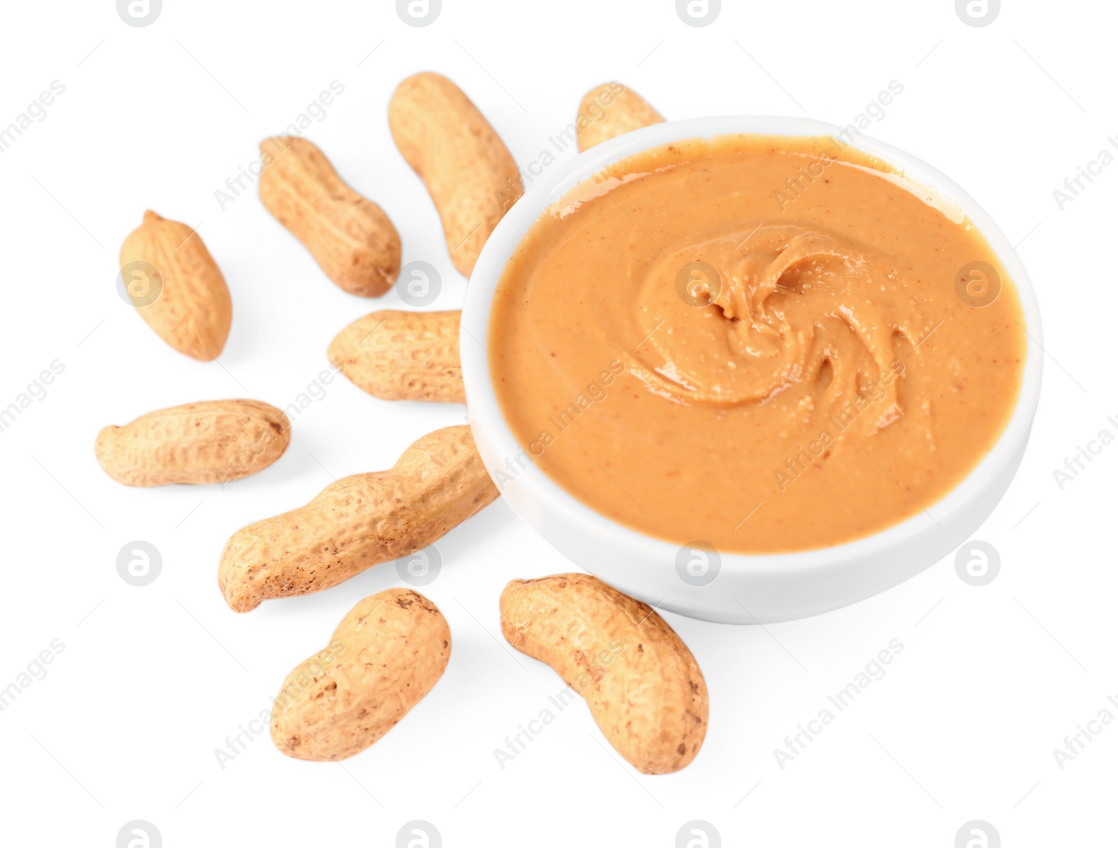 Photo of Delicious nut butter and peanuts isolated on white