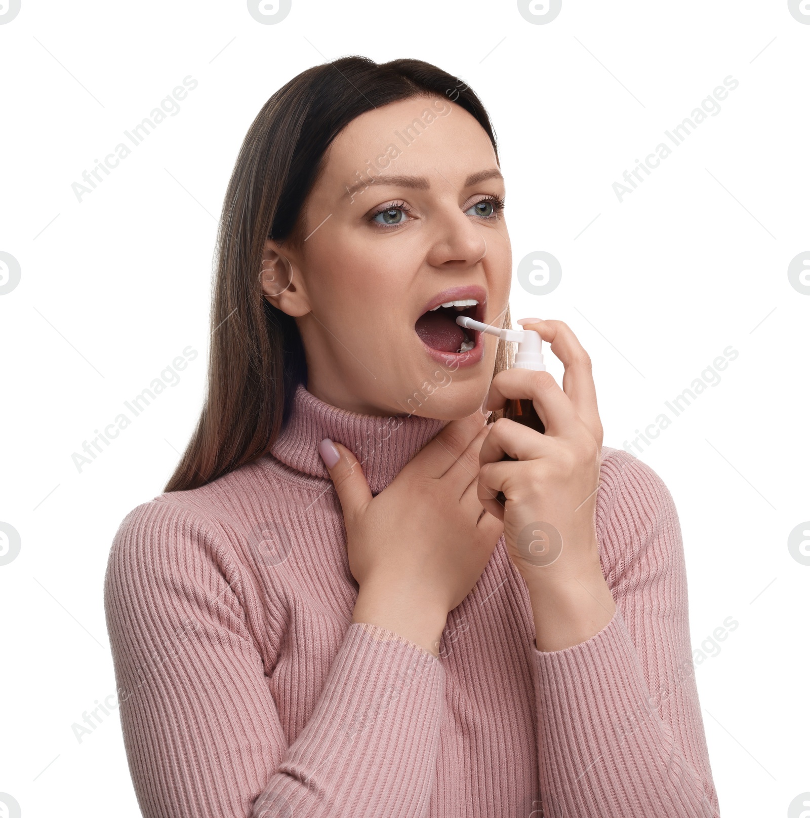 Photo of Woman using throat spray on white background