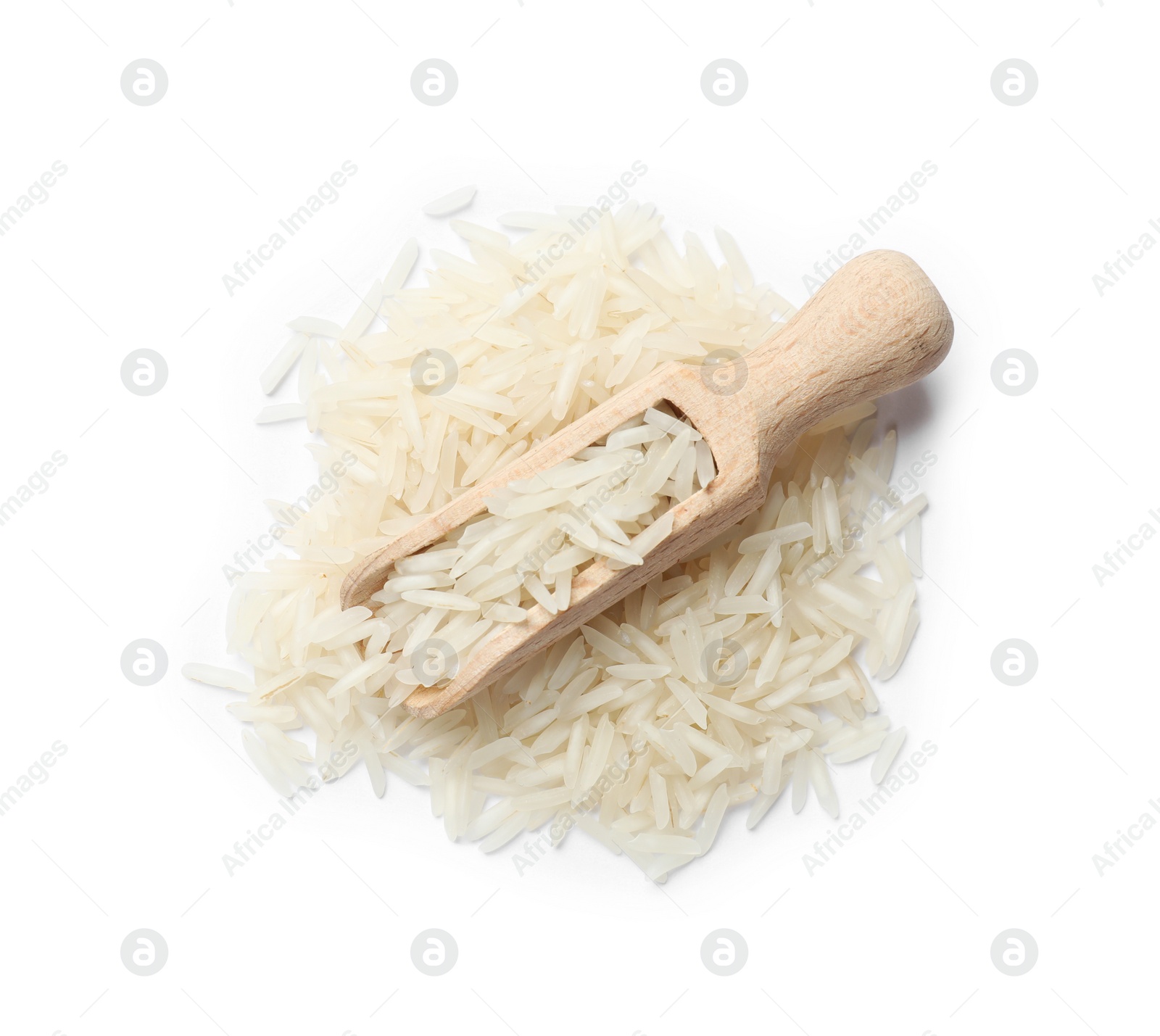 Photo of Raw basmati rice and scoop isolated on white, top view