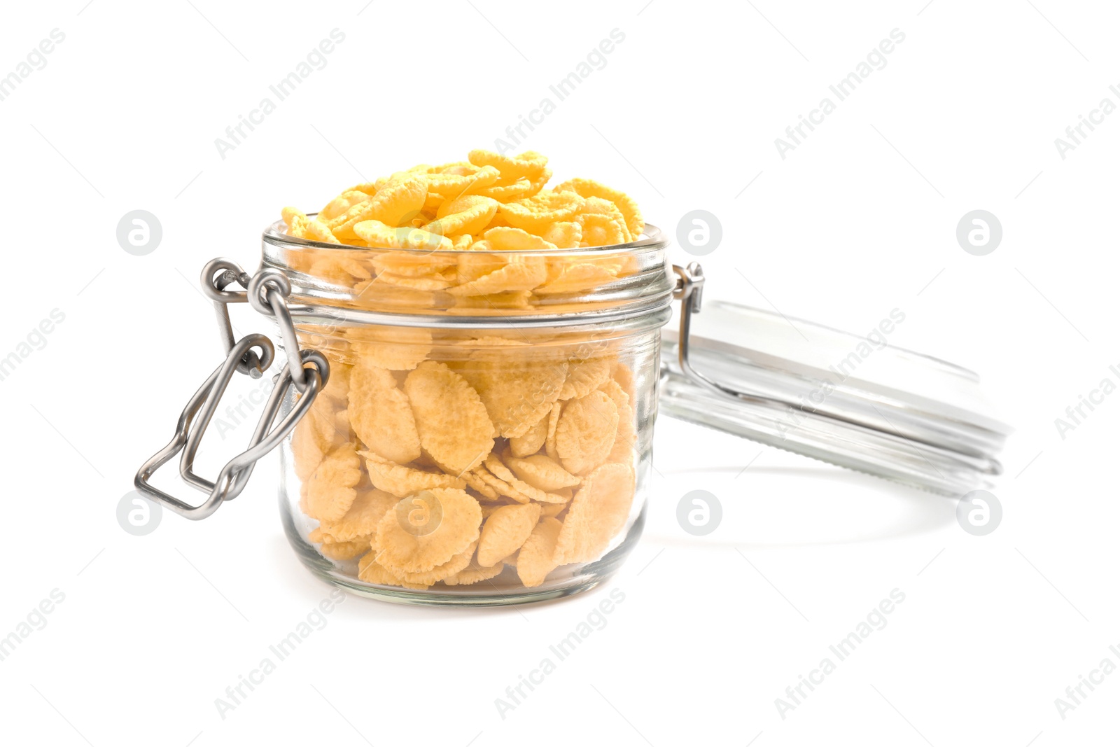 Photo of Glass jar with corn flakes isolated on white