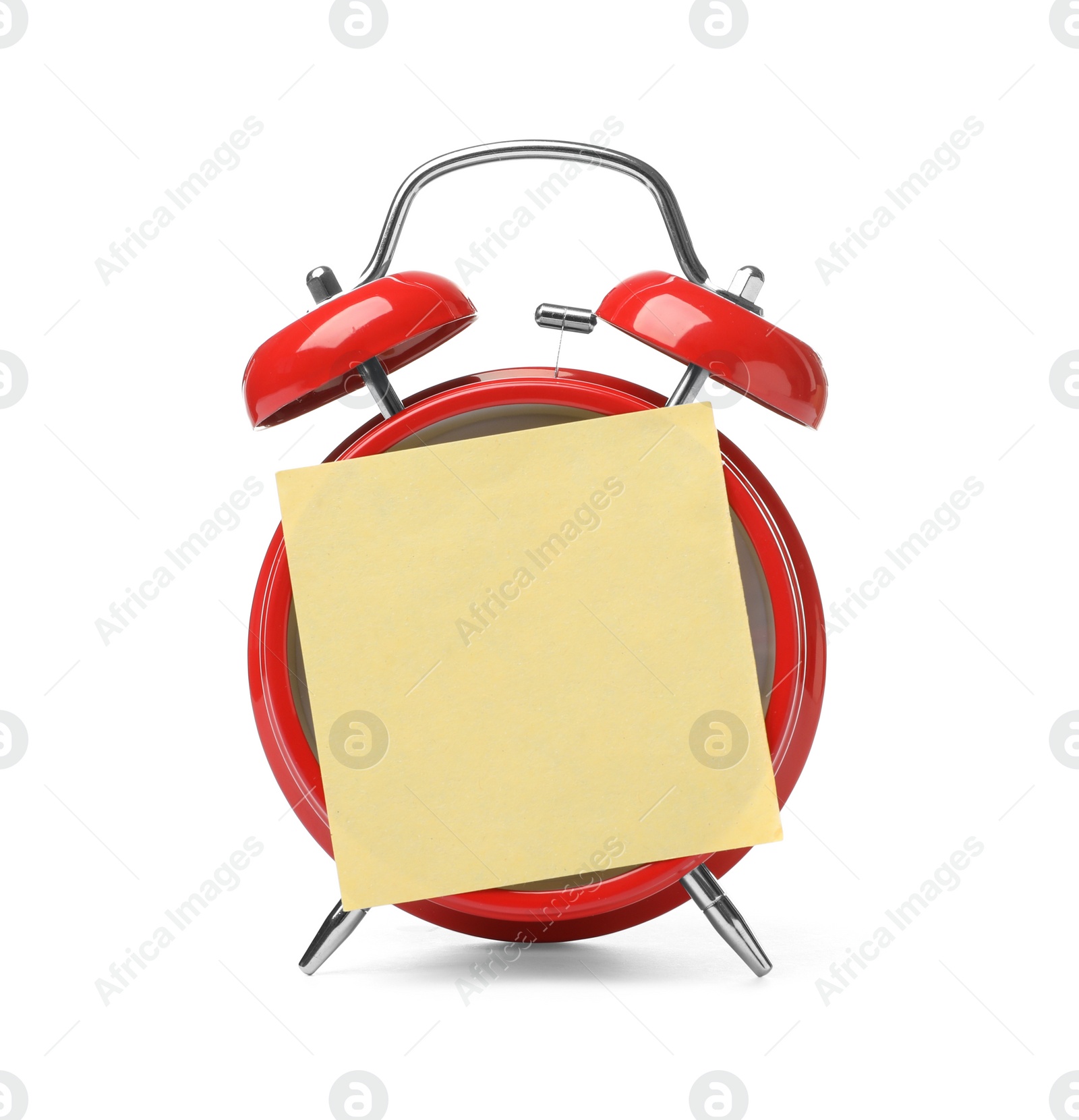 Photo of Alarm clock with empty sticky note on white background. Time concept