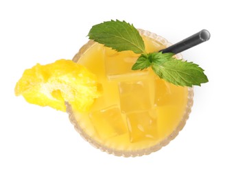 Tasty pineapple cocktail with ice cubes and mint isolated on white, top view