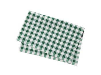 Photo of Green checkered tablecloth on white background, top view