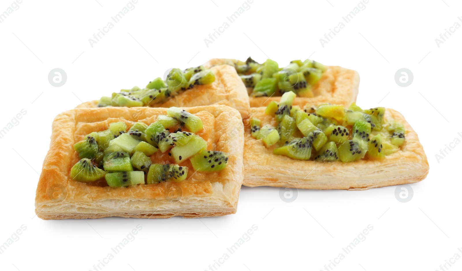 Photo of Fresh tasty puff pastry with kiwi isolated on white