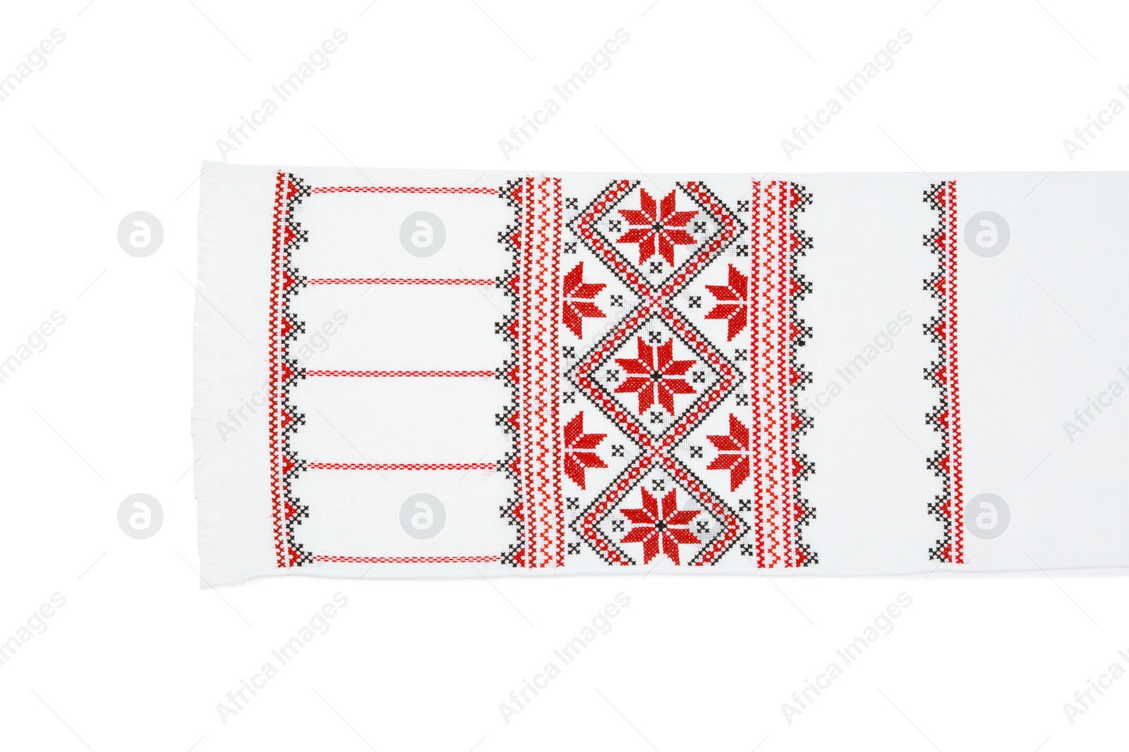 Photo of Beautiful rushnyk on white background, top view. Ukrainian national embroidery