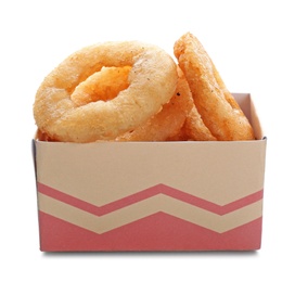 Box with fried onion rings on white background