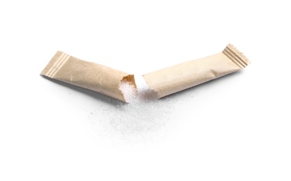 Photo of Torn beige stick of sugar on white background