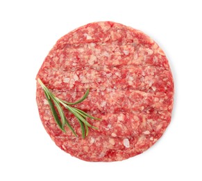 Photo of Raw hamburger patty with rosemary and salt isolated on white, top view