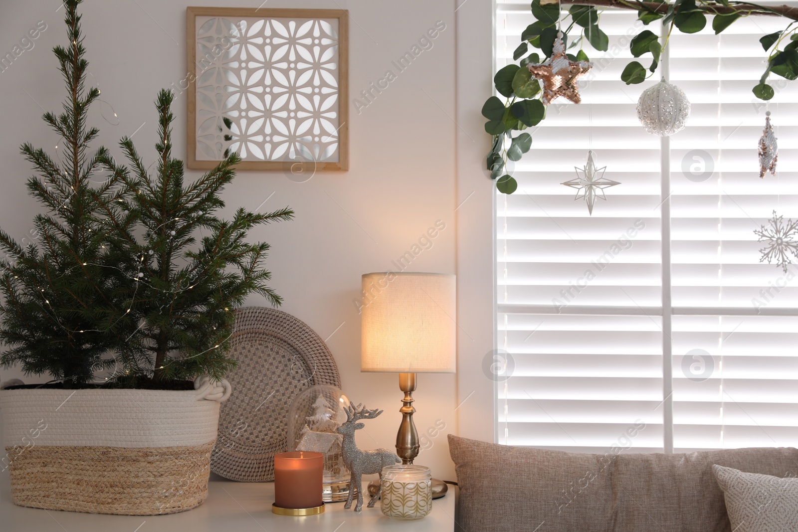 Photo of Beautiful room interior decorated for Christmas with potted firs