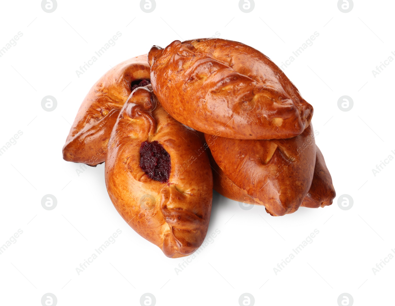 Photo of Many delicious baked patties on white background