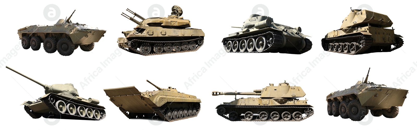 Image of Set of different military machinery on white background. Banner design