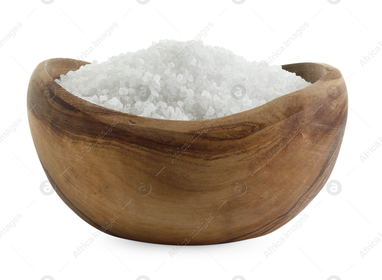 Photo of Natural salt in wooden bowl isolated on white