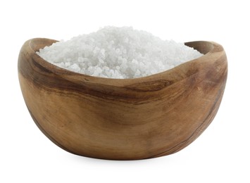 Photo of Natural salt in wooden bowl isolated on white