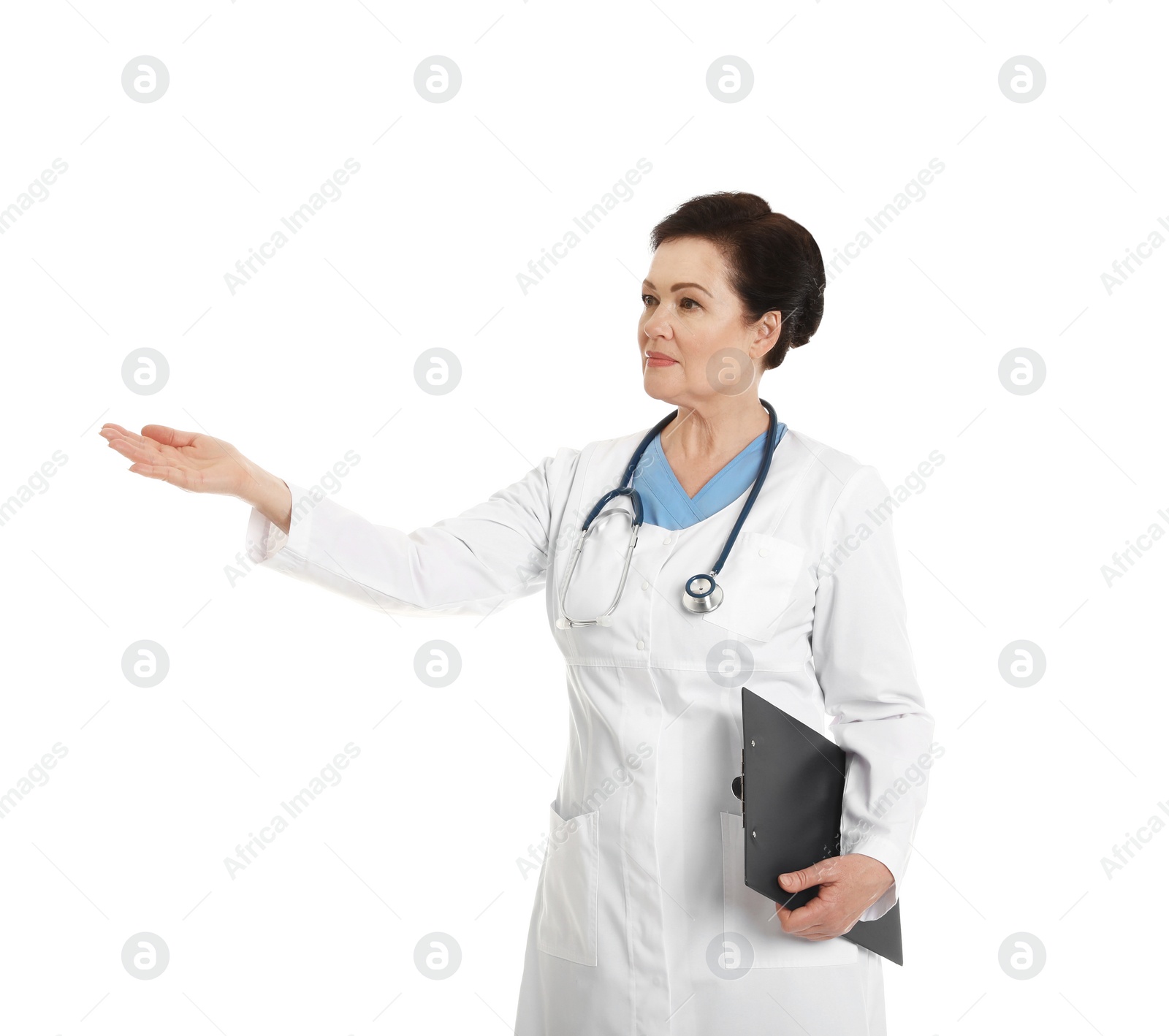 Photo of Portrait of female doctor with clipboard isolated on white. Medical staff