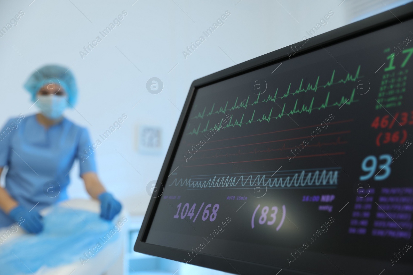 Photo of Monitor with cardiogram in hospital, focus on screen. Space for text