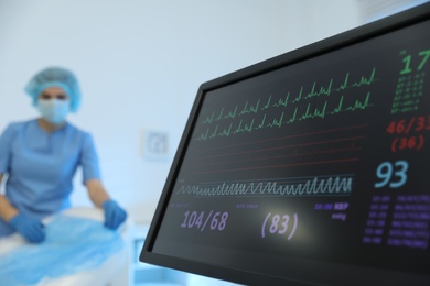 Monitor with cardiogram in hospital, focus on screen. Space for text