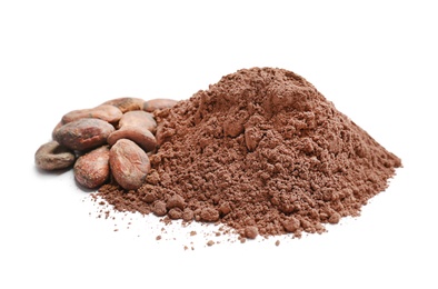 Cocoa powder and beans on white background