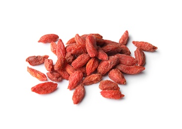 Pile of dried goji berries on white background