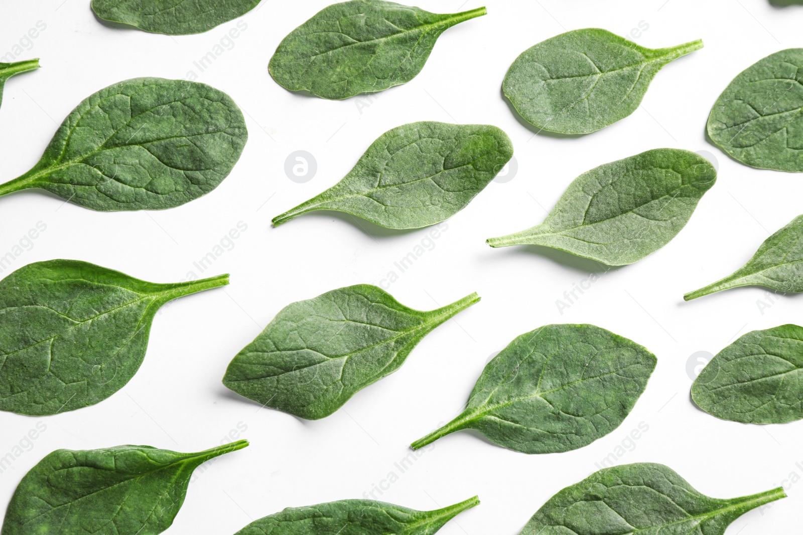 Photo of Fresh green healthy spinach leaves on white background, above view