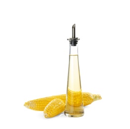 Bottle of corn oil and fresh cobs on white background