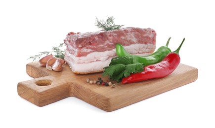 Photo of Piece of pork fatback served with different ingredients isolated on white