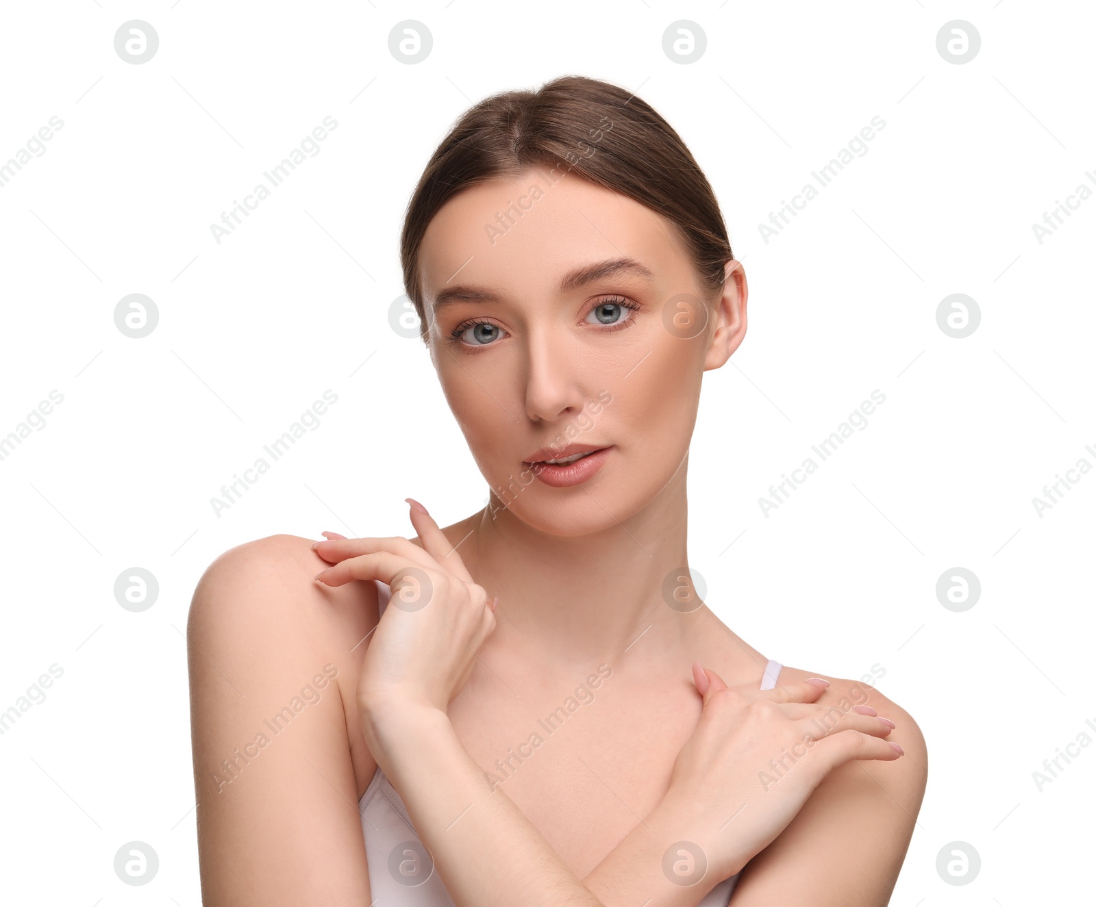 Photo of Beautiful woman with healthy skin on white background