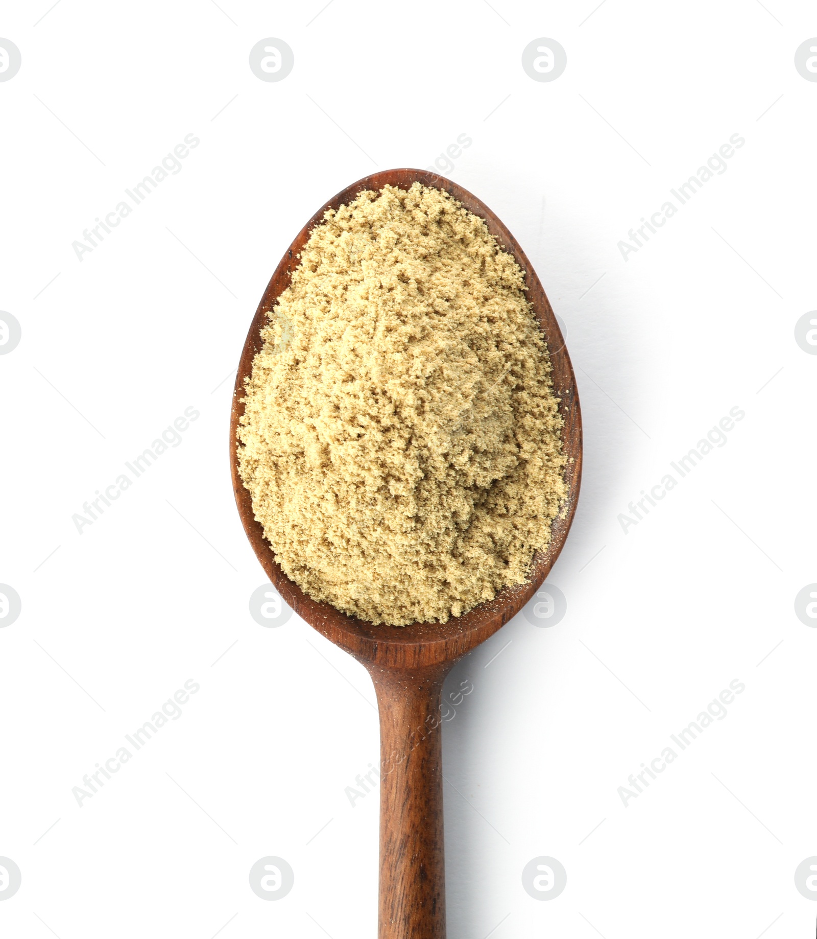 Photo of Spoon of pumpkin seed flour isolated on white, top view