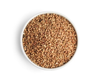 Bowl with uncooked buckwheat on white background, top view