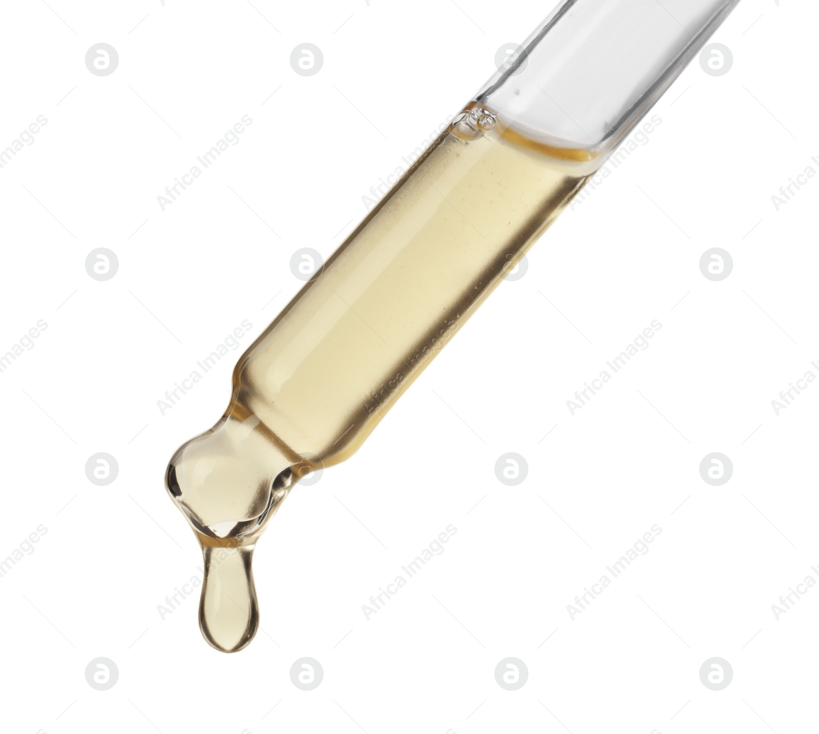 Photo of Dripping hydrophilic oil from pipette on white background