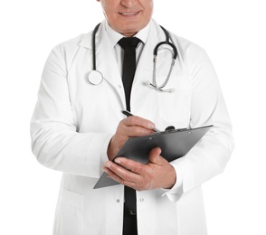 Photo of Male doctor with stethoscope and clipboard isolated on white, closeup. Medical staff