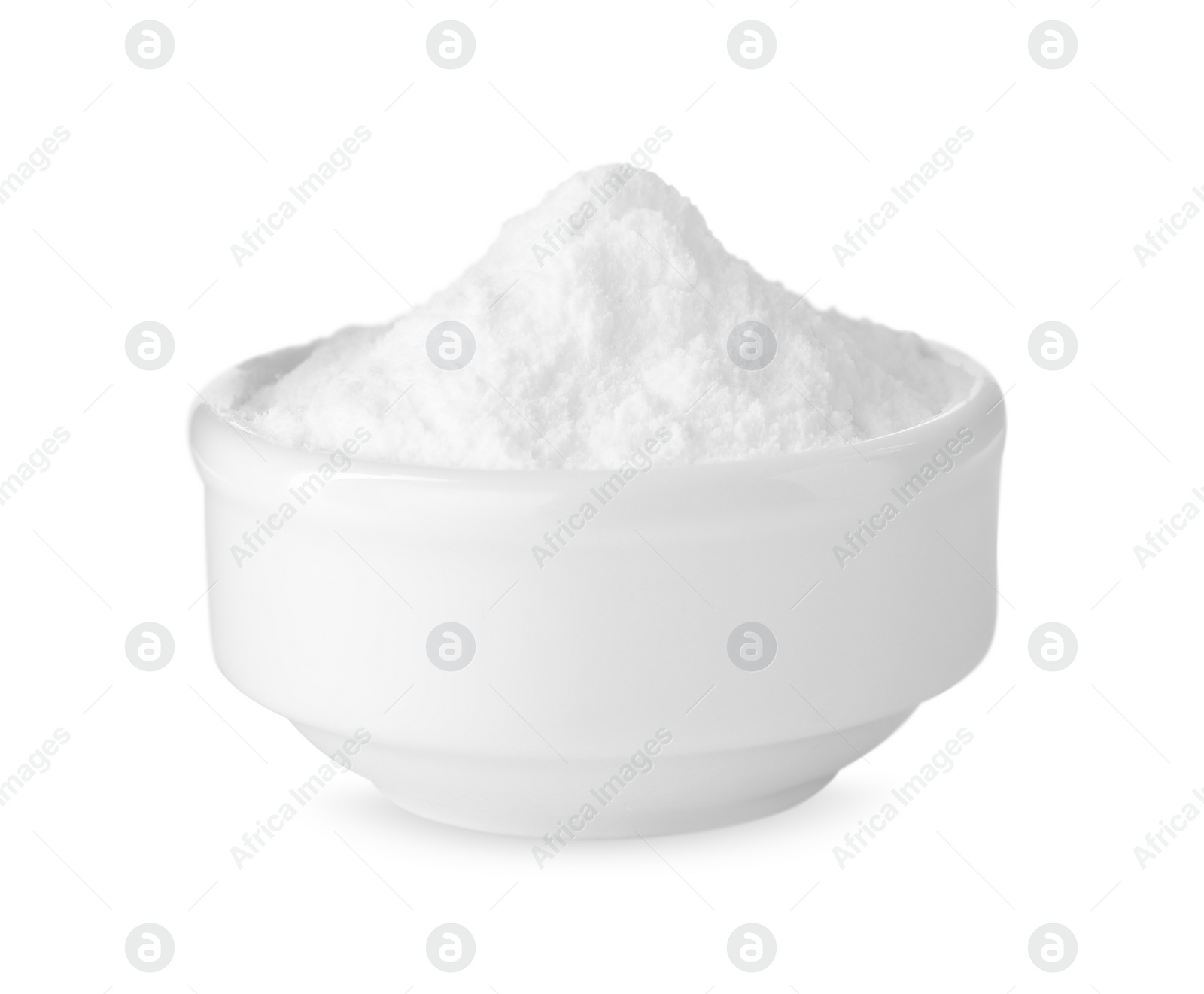 Photo of Bowl of sweet fructose powder isolated on white