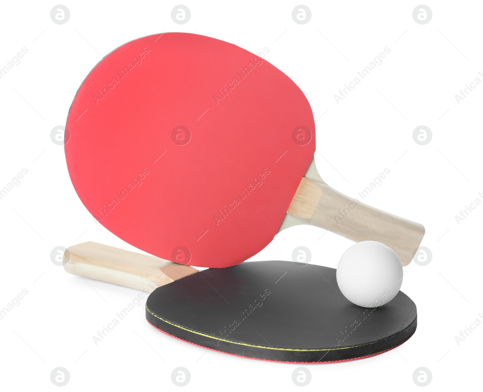 Photo of Ping pong rackets and ball isolated on white