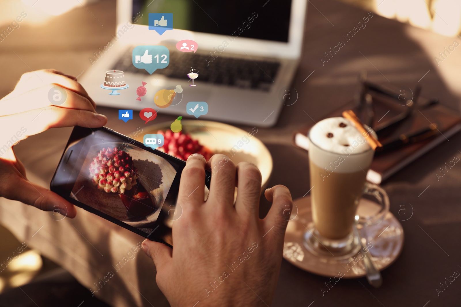 Image of Young blogger taking picture of dessert at table in cafe, closeup