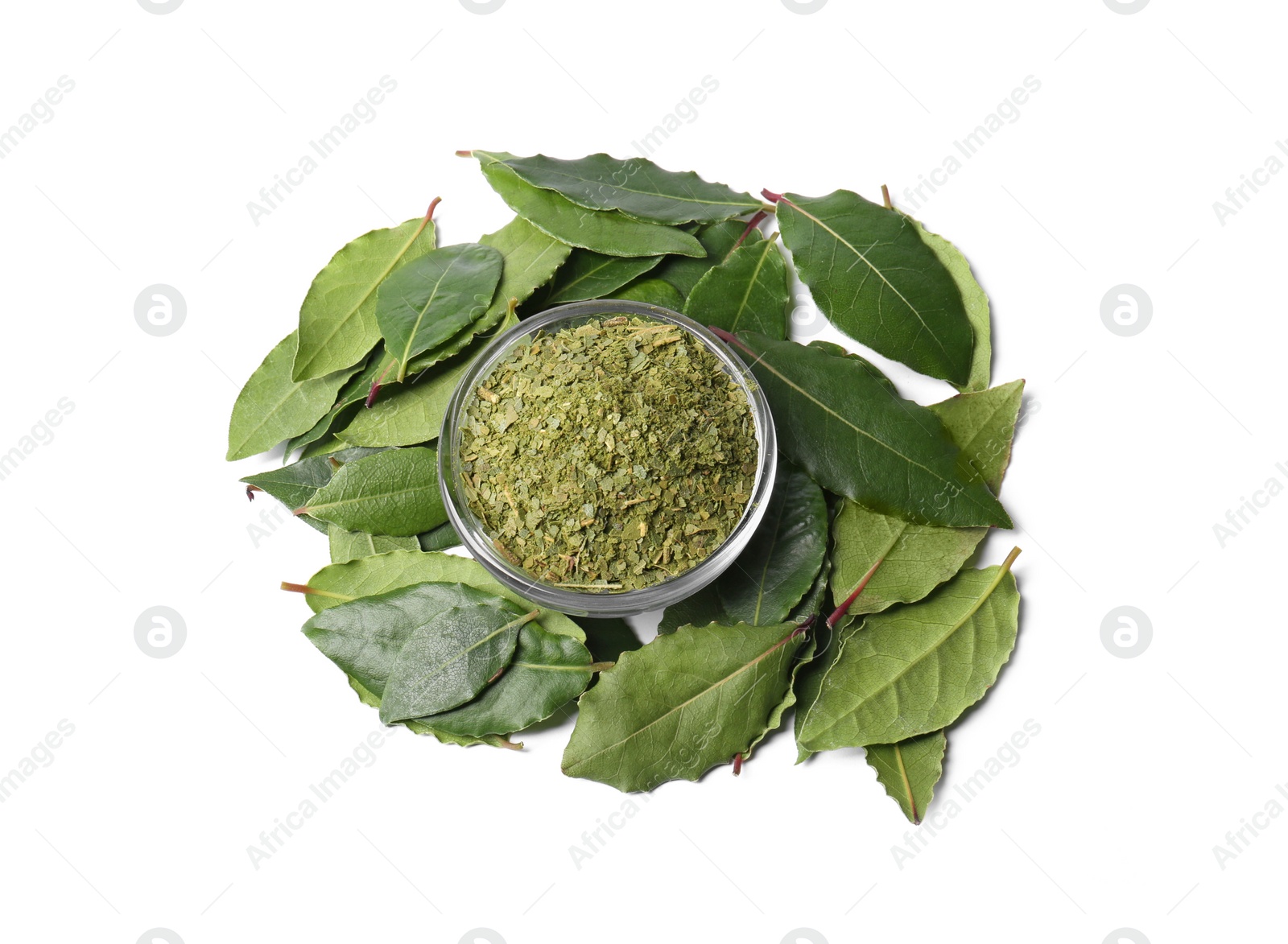 Photo of Bowl with fresh and ground bay leaves on white background, above view