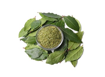 Photo of Bowl with fresh and ground bay leaves on white background, above view