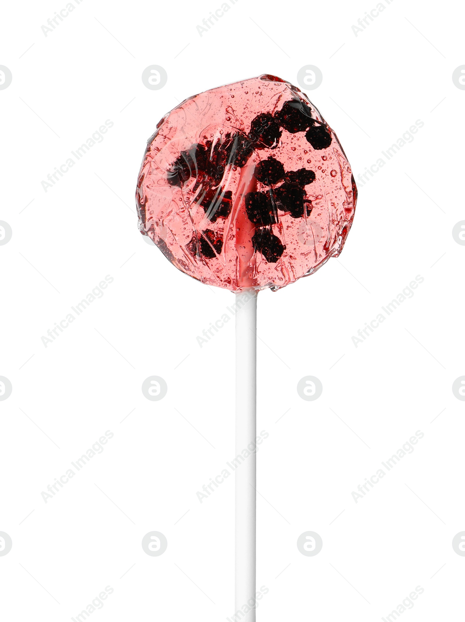 Photo of Sweet colorful lollipop with berries isolated on white