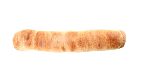 Photo of Tasty baguette isolated on white, top view. Fresh bread