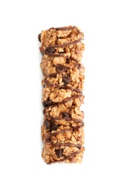 Photo of Tasty protein bar on white background, top view