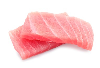 Tasty sashimi (pieces of fresh raw tuna) on white background