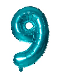 Photo of Blue number nine balloon on white background