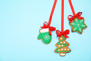 Photo of Tasty homemade Christmas cookies on color background, top view