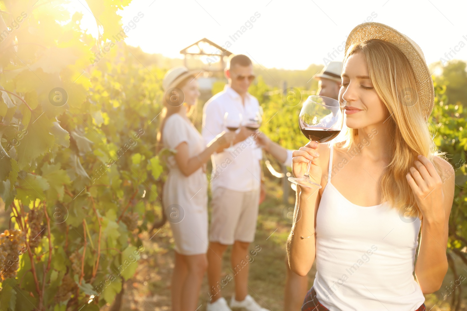 Photo of Beautiful young woman with glass of wine and her friends at vineyard on sunny day