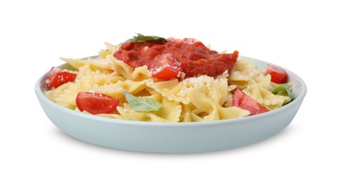 Tasty pasta with tomato sauce, cheese and basil isolated on white