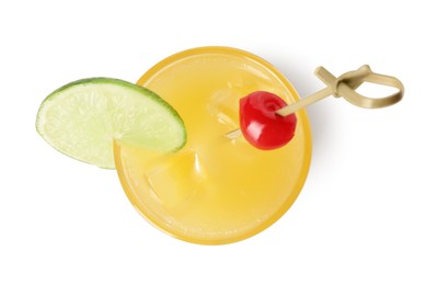 Photo of Glass of tasty pineapple cocktail with lime and cherry isolated on white, top view